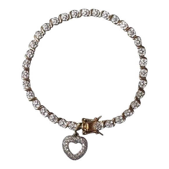 Vintage Sterling Silver Vermeil and Diamond Chip Tennis Bracelet Heart Charm 7" - Picture 1 of 8